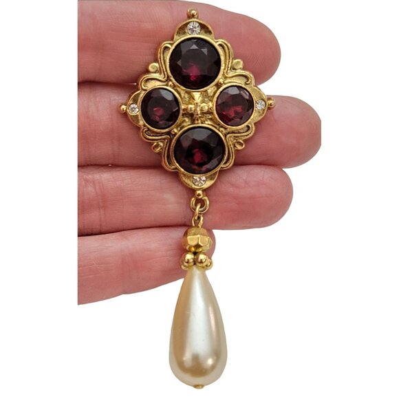 1928 Brand Red Glass Rhinestone Cross Pattern Faux Pearl Dangle Brooch, M854 - Picture 2 of 10